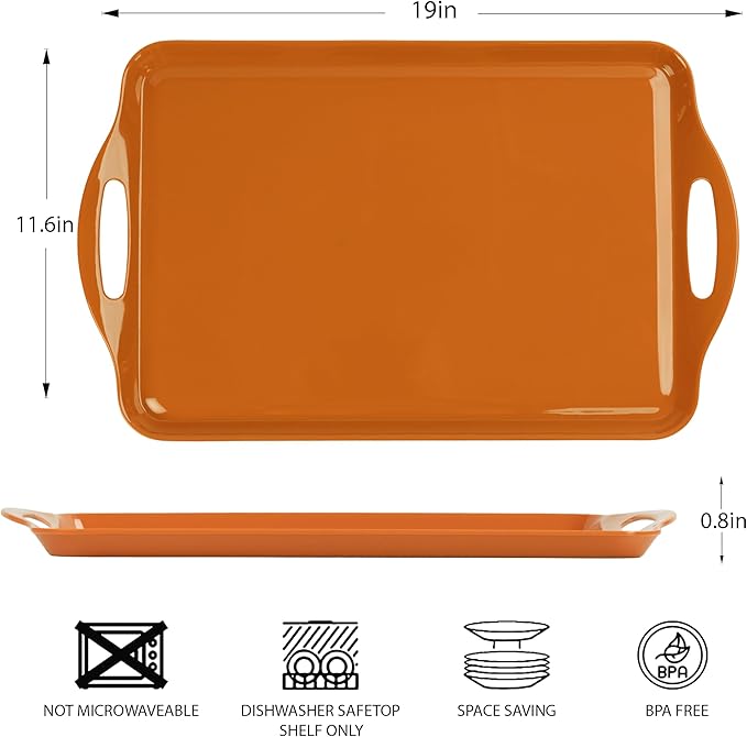 Extra Large Serving Tray with Handles, 19''x11.6'' Rustic Orange Melamine Platters, Rectangular Trays for Serving Food, Turkey, Cookie, Cupcakes, Desserts, Dishwasher Safe, BPA-Free, Set of 2