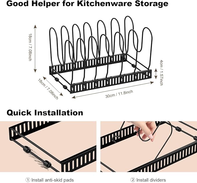 Housolution Pot and Pan Organizer Rack for Cabinet, Pot Lid Organizer with 7 Adjustable Dividers, Pan Holder Storage Rack for Kitchen Cabinet, Black
