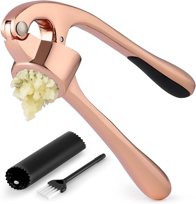 Zulay Kitchen Premium Garlic Press Set - Rust Proof Professional Garlic Mincer Tool - Easy-Squeeze, Easy-Clean with Soft Handle - Silicone Garlic Peeler & Brush (Rose Gold)