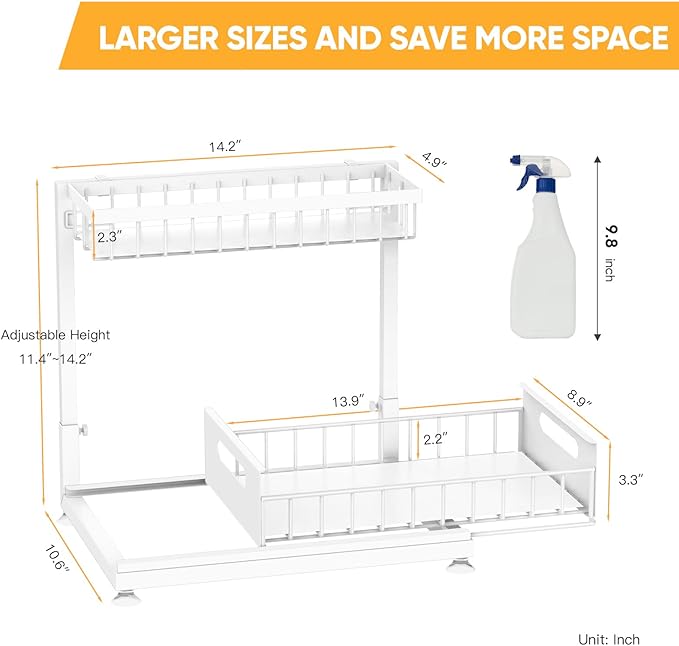 Under Sink Organizer Storage 2-Tier Premium Metal Pull-Out Kitchen Cabinet Organizer with Sliding Drawer, Height Adjustable, Heavy Duty for Kitchen & Bathroom Organizers 2 Pack White