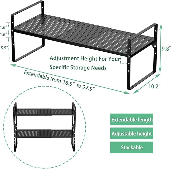Redrubbit Large Expandable Cabinet Storage Shelf, Adjustable Height Steel Metal Kitchen Counter Organizers Shelves Spice Rack for Kitchen Pantry Bathroom Cupboard Desk Home Office, Black-3 Pack