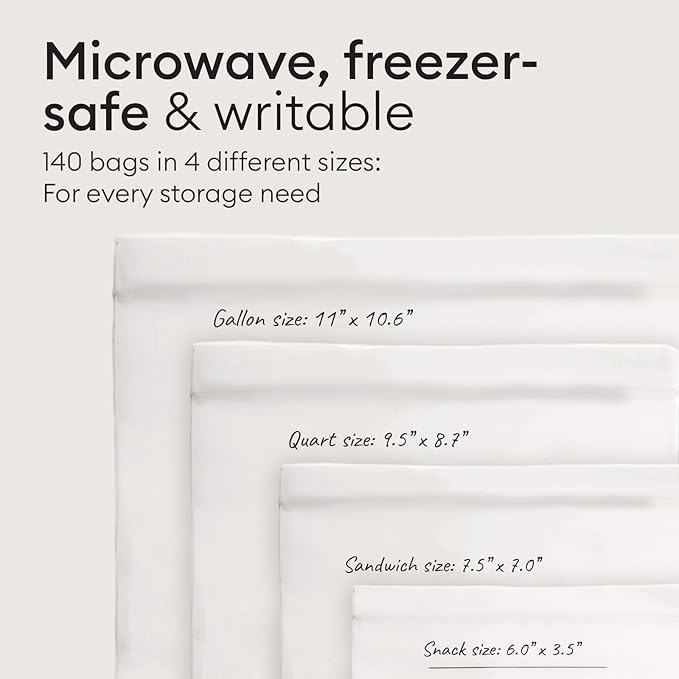 Vove Compostable Storage Bags 140 Ct Multi-Size (S/M/L/XL) – PFAS-Free, BPI Certified, Freezer Safe with Airtight Seal for Food & Meal Prep, Plant-Based
