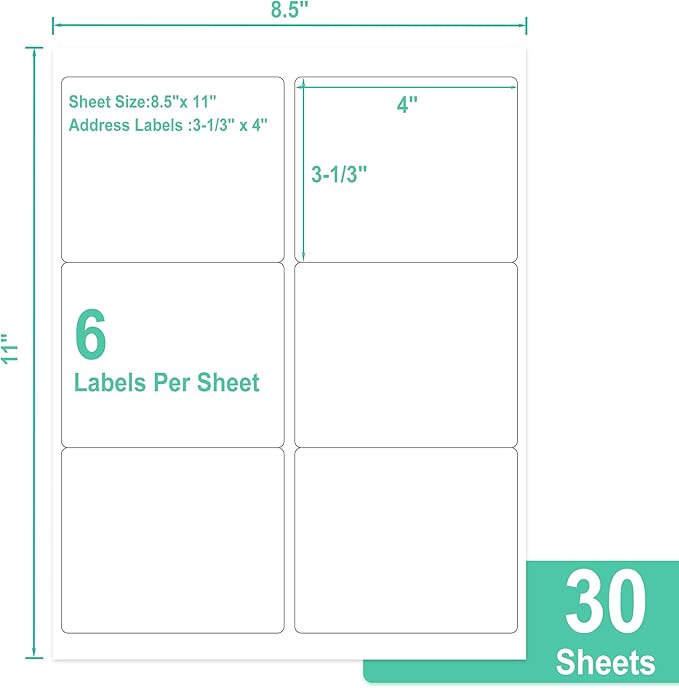 L LIKED 3-1/3" x 4" Shipping Labels 30 Sheets, Total 180 Printable White Sticker Labels, Laser/Inkjet Printing - Matte