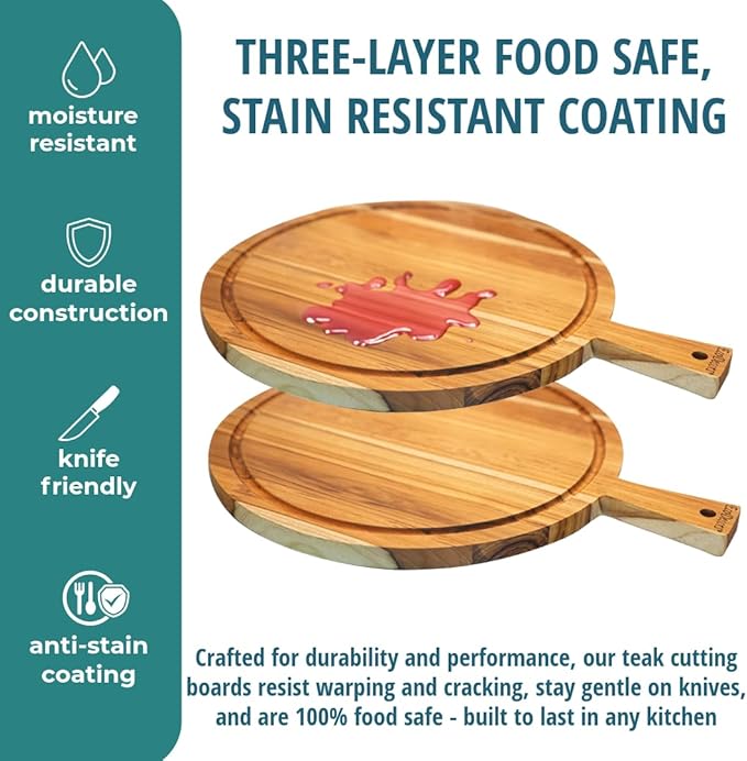 EcoDecors 18" Round Teak Cutting Board with Handle, FSC Certified Solid Wood, Edge Grain with Juice Groove, Carving Board for Kitchen & Brisket