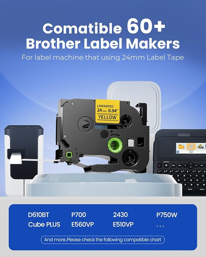 TZe-651 Compatible with Brother Label Maker Tape 24mm 0.94 Yellow P Touch TZe TZ Tape 1”Laminated Black on Yellow for PT D600 D610BT P710BT P750W P700 P900W P950W Refills, 1 Inch x 26.2 feet, 6-Pack