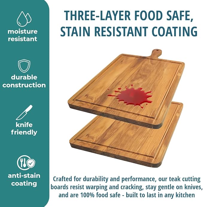 EcoDecors 19"x12" Teak Cutting Board with Juice Groove & Handles, FSC Certified Edge Grain Wood, Large Carving Board for Kitchen & Serving