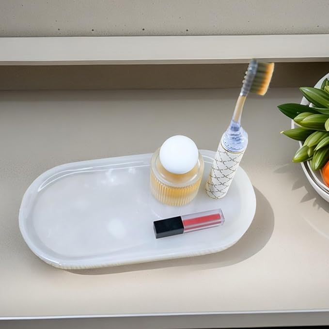 SWRONP Marble Tray for Kitchen Counter & Bathroom Countertop,Stone Vanity Tray for Dresser Decor,Small Storage Tray for Perfumes, Jewelry,Candles,Durable & Waterproof (Transparent White)
