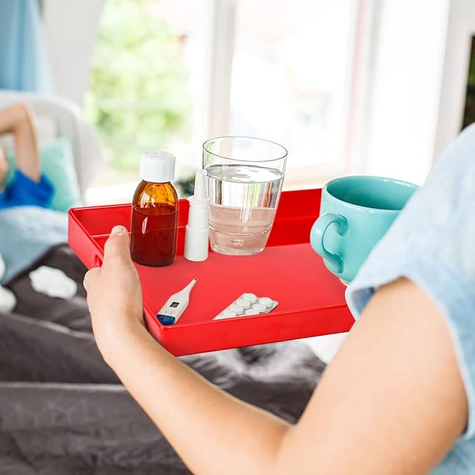 XMNFLY Serving Tray with Handles-10x15Inch Red Melamine Modern Serving Platters,Serving Wine,Coffee,Breakfast/Kitchen Countertop Tray/Makeup Drawer Organizer/Vanity Table Tray/Decorative Tray