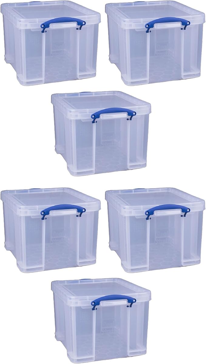 Really Useful Box 32 Liters Storage Bin Container with Snap Lid and Clip Lock Handles for Lidded Home and Office Storage Organization, 6 Pack
