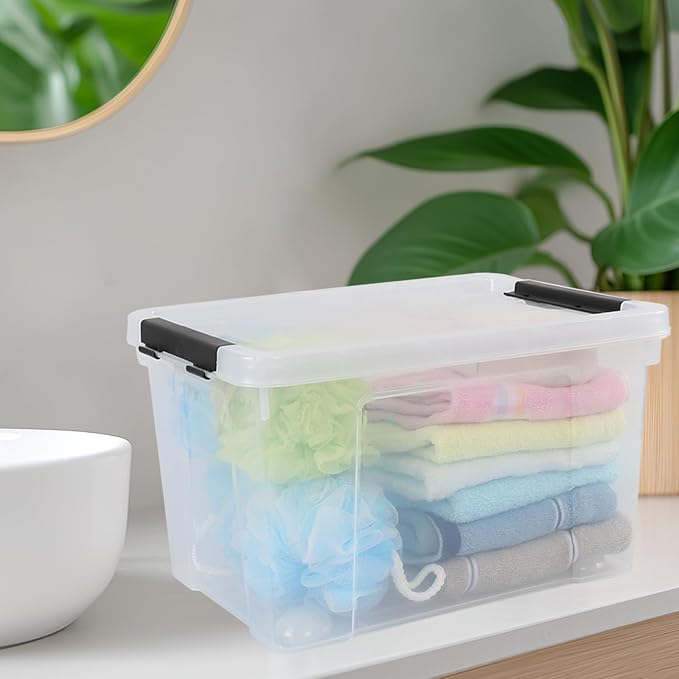 Obstnny 4 Packs 22 Quart Clear Latching Box with Wheels, Plastic Lidded Storage Bin