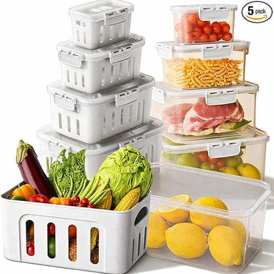 Fruit Containers for Fridge Keep Fresh, 5-Pack Produce Containers for Fridge with Lids, Meal Prep Containers, Food Organizer with Removable Colander, Microwave & Dishwasher Safe (White)