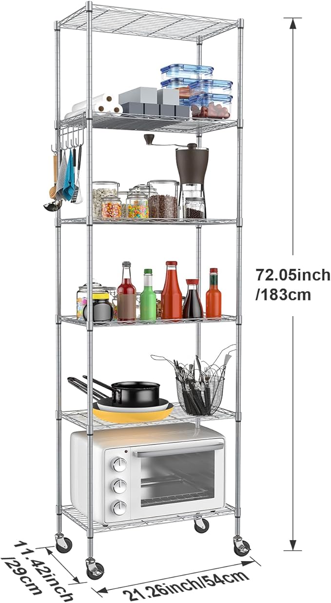 Homdox 6-Tier Storage Shelf Wire Shelving Unit Free Standing Rack Organization with Caster Wheels, Stainless Side Hooks, Silver Gray | Rack Organization, with Caster Wheels, Stainless Side Hooks
