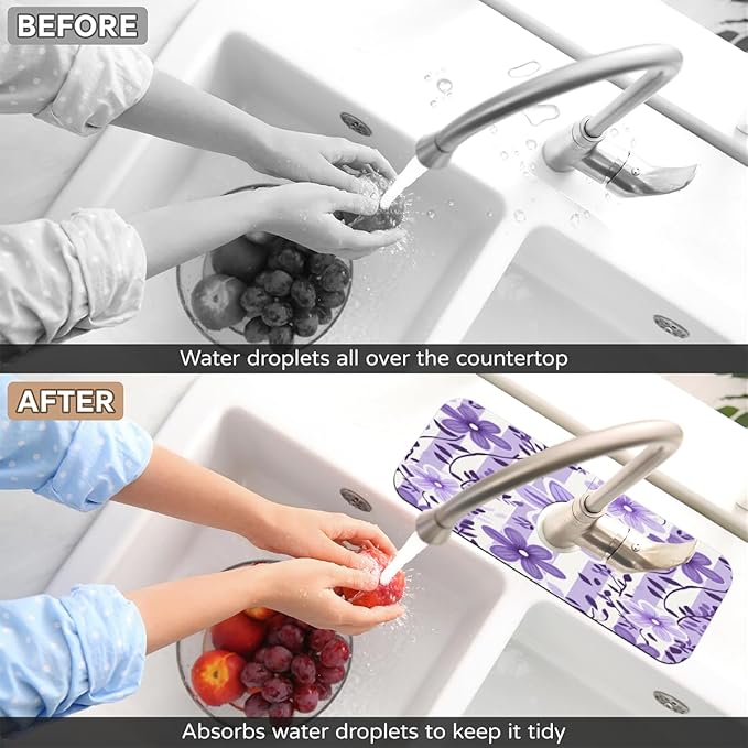 Purple Floral Stripe Kitchen Faucet Mat Splash Guard, 15.4”x5.7” Absorbent Quick Drying Sink Mat for Countertop Protection, Draining Mat Sink Protectors For Kitchen Bathroom, 1 Pack