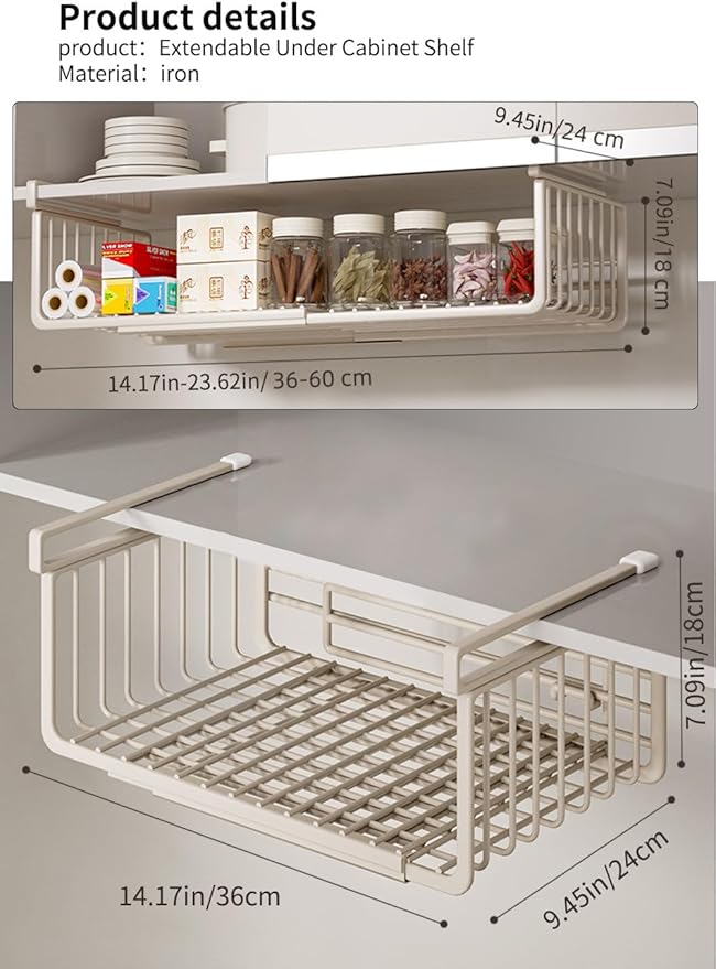 Extendable Under Shelf Storage Basket, Hanging Baskets Under Cabinet Shelf Organizer, for Cabinet Pantry Kitchen Cupboard Desk Counter Bookshelf Space Saver Heavy Duty Slide-in (off - white, 2 Pack)