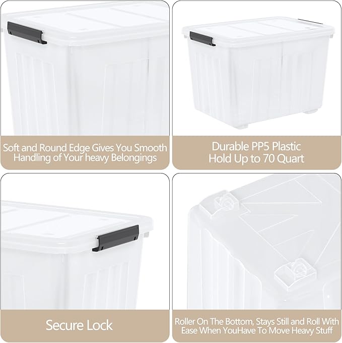 Zopnny 4-Pack Storage Box, 70 Quart Storage Container with Lids and Secure Latching Buckles, Plastic Wheeled Storage Bin Stackable and Nestable, Ideal for Home and Industrial Storage