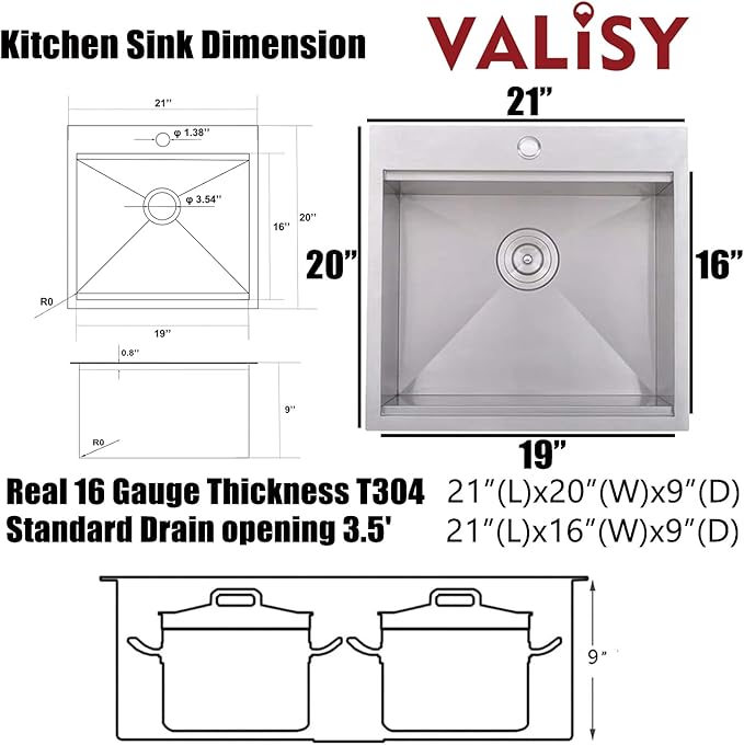 Drop In Kitchen Sink, 21x20 Inch Bar Sink Workstation Stainless Steel Outdoor Topmount Small Sinks, Single Bowl Kitchen Sinks for Laundry Office Wet Bar Prep RV Yard
