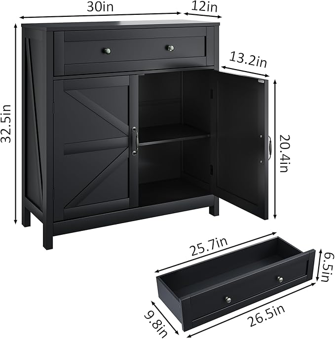 Mino Kesper Buffet Sideboard with 2 Barn Doors,Black Kitchen Cabinet with Adjustable Shelf, Freestanding Floor Storage Cabinet