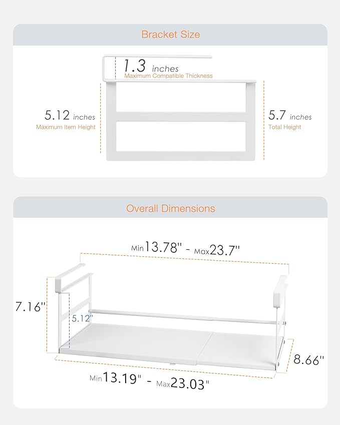 Selosiz 2Pack Under Shelf Storage Basket Organizer Expandable Width Add-On Space Saver Hanging Under Cabinet Pantry Kitchen Countertop Desktop Board Slide-In White Heavy-Duty Metal Higher & Wider Size