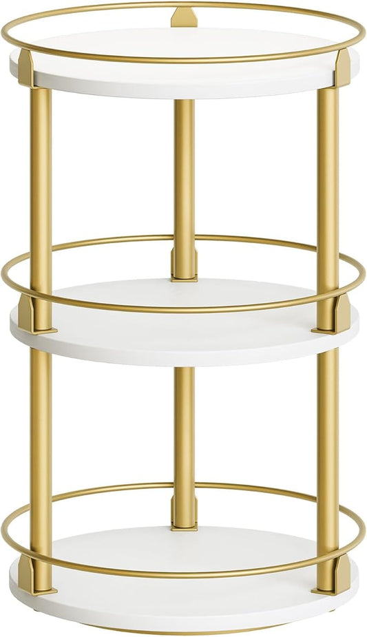 Yatiney 3-Tier Lazy Susan, Rotating Spice Rack, Spinning Organizer, Industrial Turntable Spice Rack for Cabinet, Kitchen Countertop, Pantry, White and Gold SR23DW