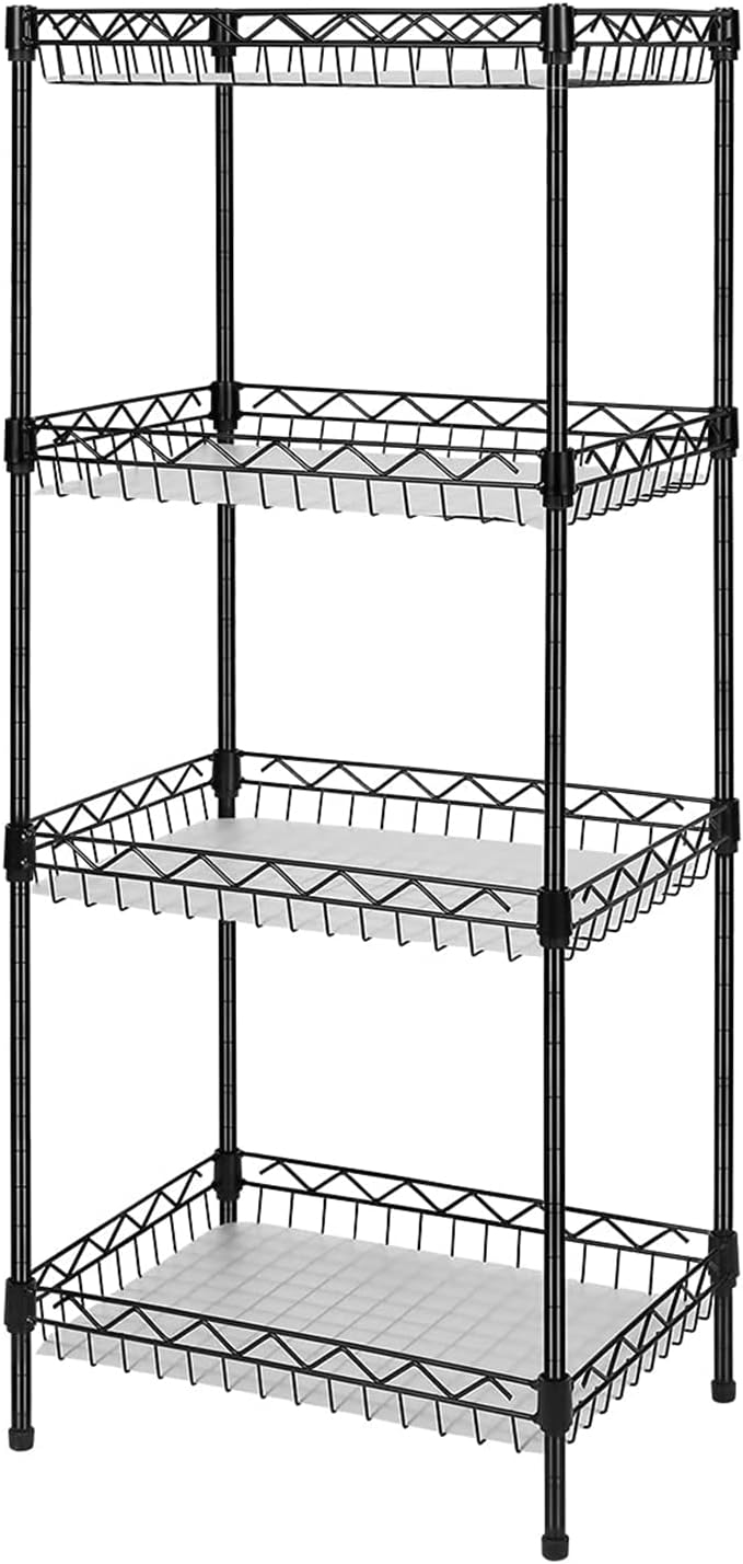 Storage Shelves, 4-Tier Wire Shelving Unit with Baskets Storage Rack Corner Shelf Shelving Adjustable Storage Shelf, 11.8" D x 15.7" W x 47" H, Black