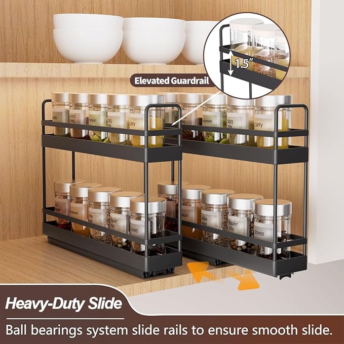 Finnhomy Pull Out Spice Racks for Inside Cabinets, Whole Metal Manufacturing, Vertical Spice Rack Pull Out, Spice Organizer, 2.16" W × 10.39" D × 9.76" H, 2 Drawers & 2 Tiers, 2 Pack, Black