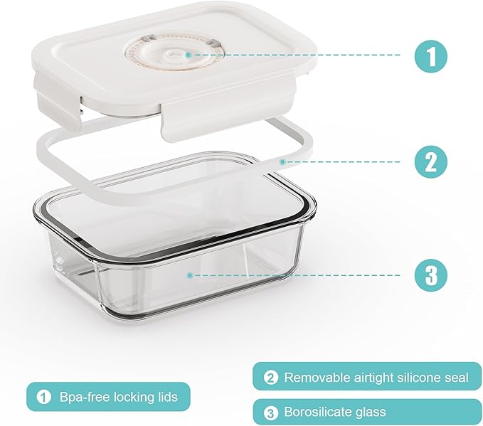 Vacuum Seal Glass Food Storage Containers, 6pcs Containerswith 10pcs Sous Vide Bags/ 1pc Automatic Pump, Meal Prep Container with Airtight Locking Lids for Lunch,Long-Lasting Freshness