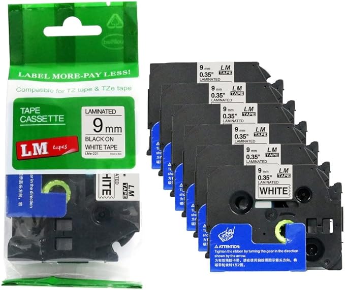 6/Pack LM Tapes - LMe-221 Premium 3/8" Black Print on White Label Compatible with Brother TZe221 Tape and Includes Tape Color/Size Guide. Replaces TZ-221 9mm 0.35 Laminated.