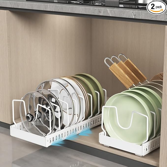 Pull-Out Pots and Pans Organizer, 2 Pack Under Cabinet Pot Lid Holder, Slide Lid Organizers Inside Cabinet, Pot Lid Organizer for Kitchen, Bakeware, Dishes, 8 Adjustable Dividers - White