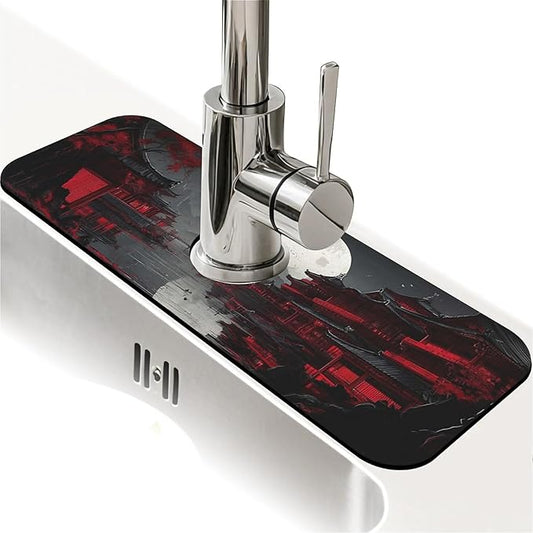 Kitchen Sink Splash Guard，Dark landscape with red Faucet Mat Sink Gadgets-Super Absorbent Fast Drying Mat Drip Catcher for Kitchen, Bathroom,Sink Mat, Dish Drying Mat, Bathroom(15" X 5.5" )