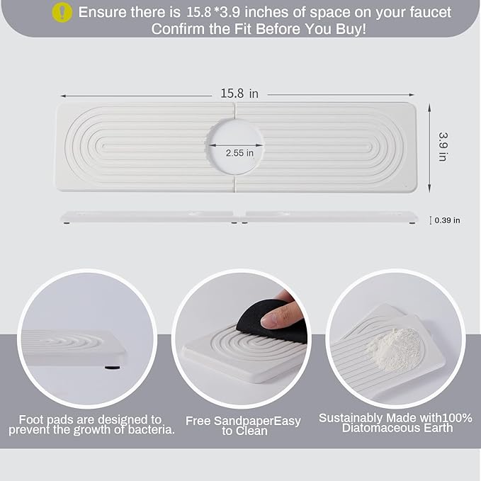 Stone Faucet Mat for Kitchen Sink，Super Absorbent Diatomite Fast Drying Stone and Bathroom Stone Tray for Counter Quick Drying Splash Guard,Prevents Moisture Buildup Sink(White,15.8" x 3.9")
