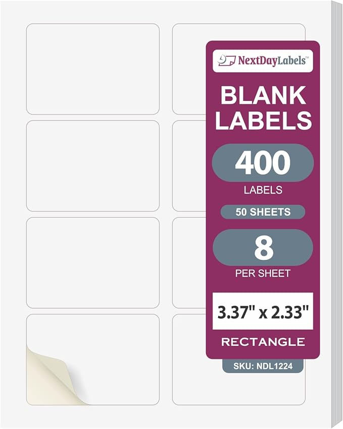 NextDayLabels 3.38x2.33 Inch Rectangle Stickers White Blank Labels for Laser Inkjet Printer - 8 Per Sheet Self-Adhesive Shipping Address Mailing Made in USA - 400 Labels