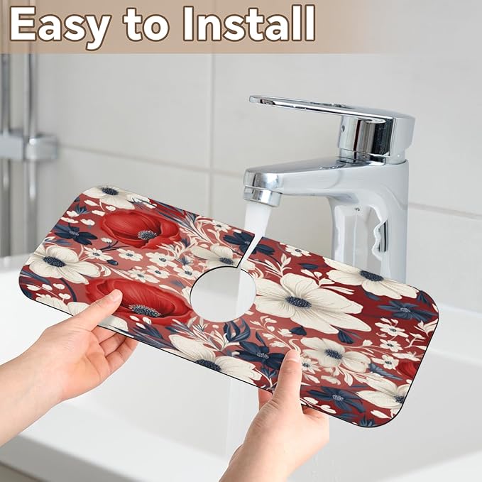 Red White Floral Bliss Kitchen Faucet Mat Splash Guard, 15.4”x5.7” Absorbent Quick Drying Sink Mat for Countertop Protection, Draining Mat Sink Protectors For Kitchen Bathroom, 2 Pack