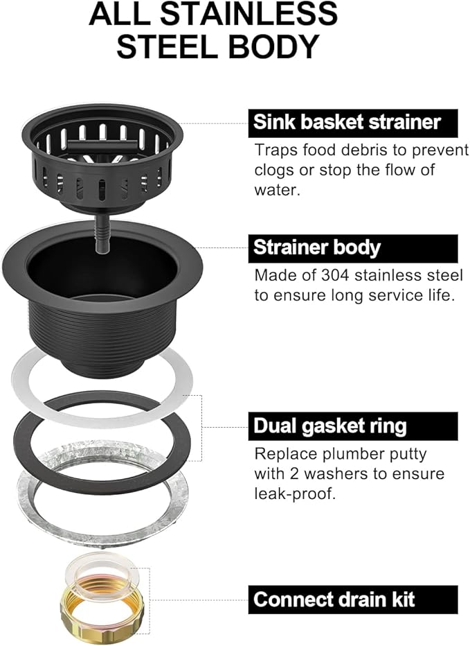 BOTEMY B9171 Black Kitchen Sink Drain Kit 3 1/2 Strainer With Stainless Steel Stopper Assembly Basket Fit Standard Drain Hole