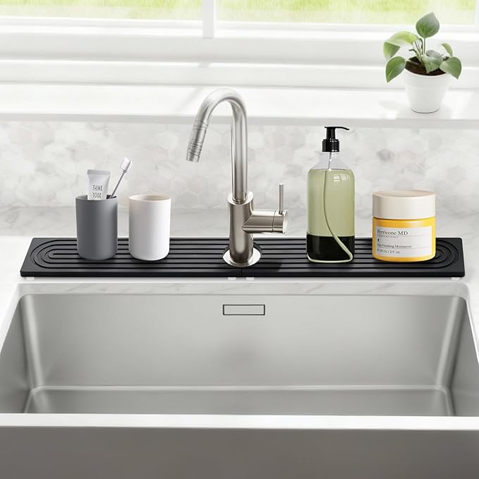 Stone Faucet Mat for Kitchen Sink, Large Fast Drying Stone Faucet Mat for Kitchen Sink with Raised Feet, Prevent Moisture Drying Diatomite Fast Tray, Dark Gray, 30" x 4"