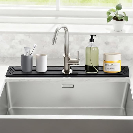 Stone Faucet Mat for Kitchen Sink, Large Fast Drying Stone Faucet Mat for Kitchen Sink with Raised Feet, Prevent Moisture Drying Diatomite Fast Tray, Dark Gray, 30" x 4"