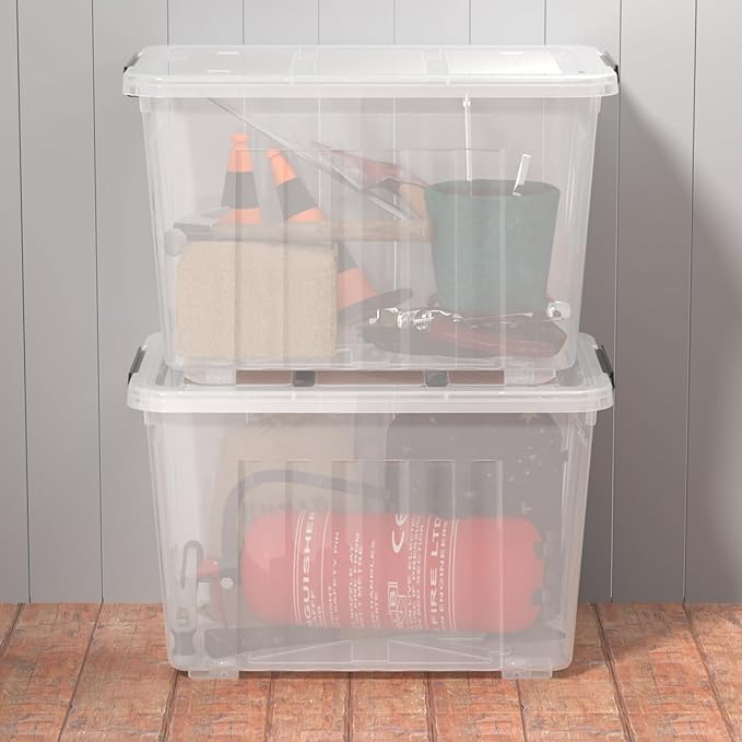 70 Quart 4 Pack Plastic Storage Bins with Latch Lids and Wheels, Clear Large Latching Storage Container