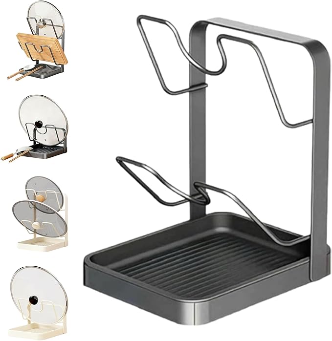 Kitchen Pot Lid Storage Rack, Pot Lid Organizer Rack, Holder While Cooking, Multifunctional Kitchen Pot Cover Organizer for Countertop, Two-Compartment Spatula Holder for Counter Stove Top (Gray B)
