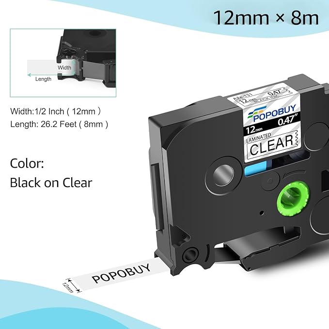 12mm 0.47 Laminated Clear Tape Compatible for Brother P-Touch TZ131 TZ-131 TZe-131 TZe131 TZe TZ Black on Clear Label Tape for PT-D210 D220 D400 D600 H110 Label Maker, 5 Pack