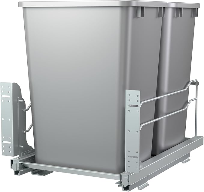 Rev-A-Shelf Double Pullout for Under Kitchen Cabinets 35 Quart 8.75 Gallon with Soft-Close Slides, Metallic Silver, 53WC-1835SCDM-217