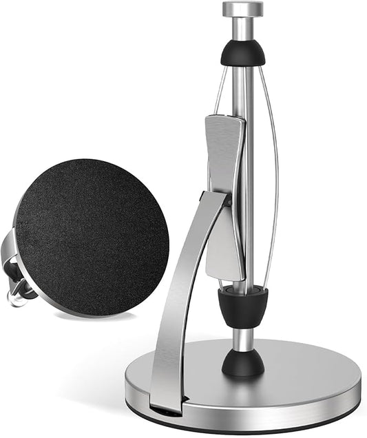 VEHHE Paper Towel Holder Countertop, One-Handed Tear, Stainless Steel, Stand Paper Towel Holder with Spring Activated Arm & Non Slip Weighted Base, for Kitchen Bathroom (Silver)