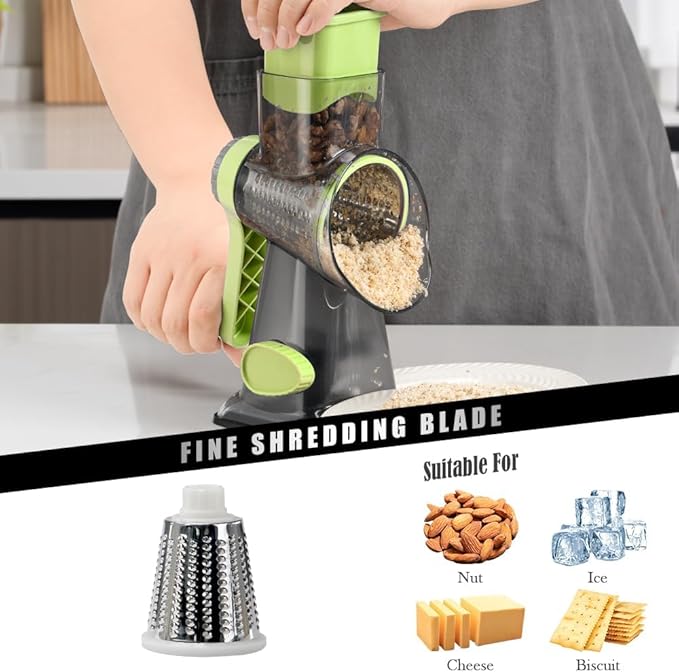 Badelite Cheese Grater Hand Crank Rotating Cheese Shredder Stainless Steel Vegetable Slicer Grater for Kitchen 3 Blades for Cheese, Carrot, Cucumber, Nuts, Chocolate, Green