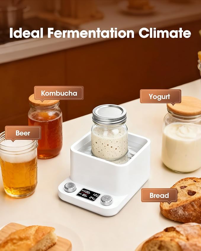 MQUPIN Sourdough Starter Warmer, Even Heating Water Bath Sourdough Warmer, 1°F Precise Thermostat (70-104°F),198H Timer, Smart Yeast Feeding Warmer for Kombucha Yoghurt Beer Fermentation (White)