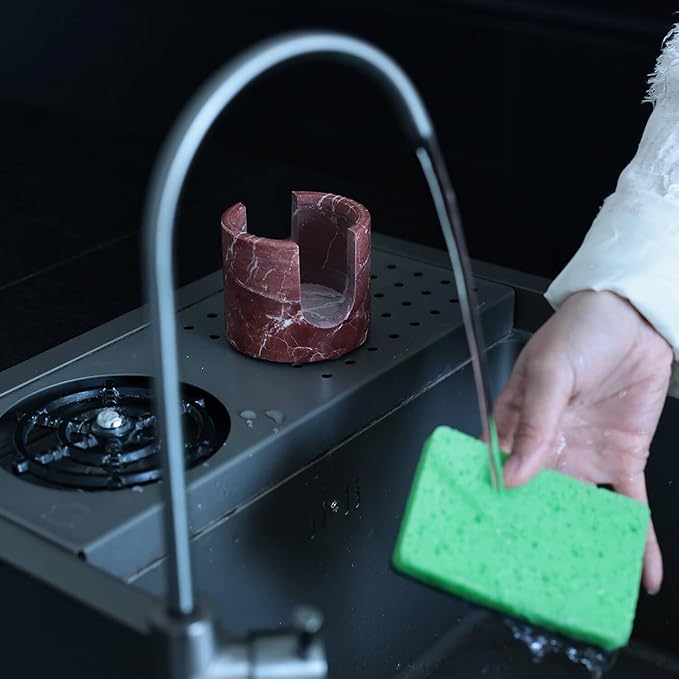 Travertine Marble Sponge Holder for Kitchen Counter - Natural Stone Dish Drying Rack, Sponge Caddy for Sink Organizer - Durable & Stylish Kitchen Decor (Rosso Red Marble)