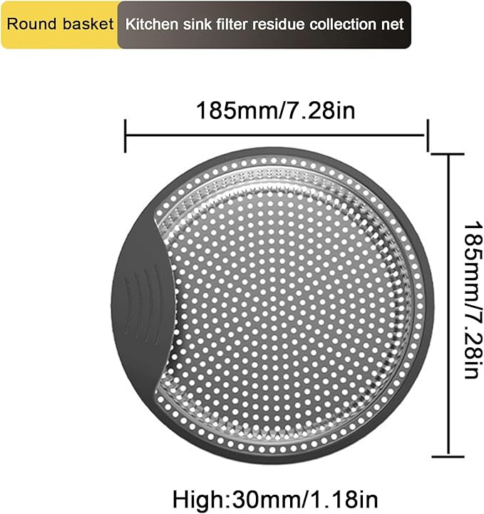 Kitchen Sink Strainer Stainless Steel, Sink Drain Strainer Basket with Handle Suitable for Kitchen Filter Basket Replacement 7.3" Diameter,1.2" Deep（Round）