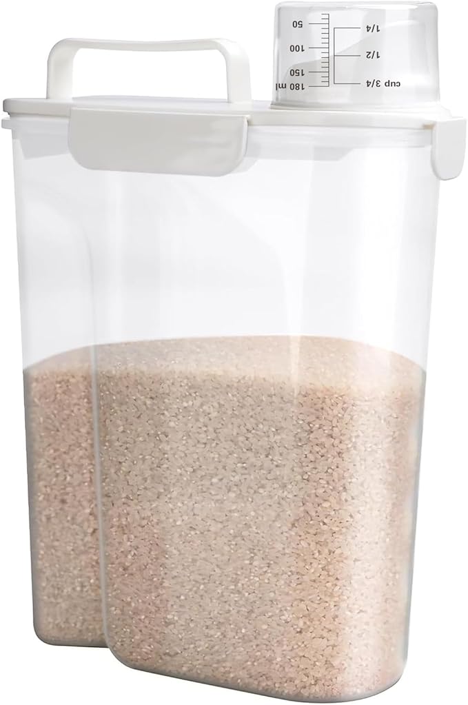 Rice Storage Container, 5 to 10lb Dry Food Airtight Dispenser, Pet Dog Cat Food Canister, BPA Free Clear Plastic Kitchen and Pantry Organization Bin for Oatmeal, Cereal, Pasta, Flour White