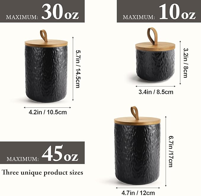 Canisters Set for Kitchen Food Storag of 3 Piece, Airtight Kitchen Canisters for Countertop, Modern Ceramic Jar with Top Handle & Wooden Lid for Coffee Tea Sugar Flour Cookie(Black)