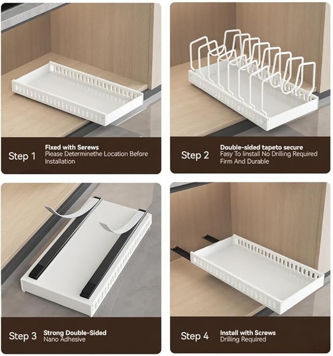 WOSHEN Pots and Pans Organizer Under Cabinet, Pull Out Pots and Pans Organizer, Expandable Sliding Lid Holder and Pan Rack for Pot Lid, Bakeware, Dishes, 10 Adjustable Dividers