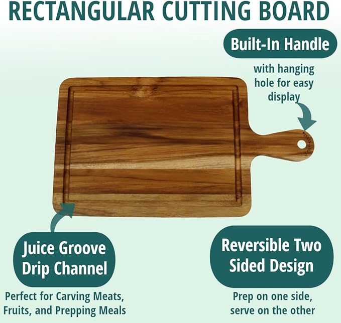 EcoDecors 15.5"x8.5" Teak Cutting Board with Handle, FSC Certified Edge Grain Wood, Small Kitchen Prep Board for Cheese & Charcuterie