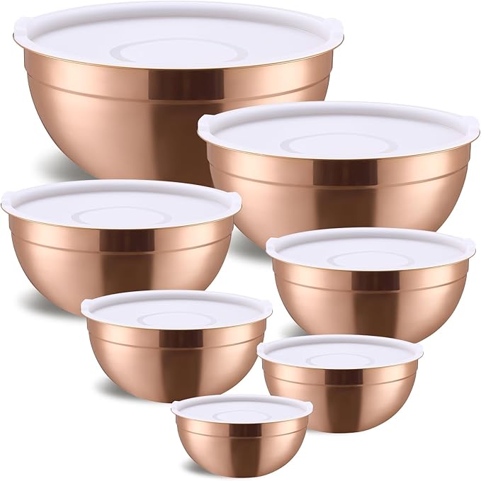 Moxinox Rose Gold Mixing Bowls with Airtight Lids, Stainless Steel Nesting Mixing Bowls Set of 7, Ideal for Baking, Prepping and Serving Food, Size 7, 3.6, 2.7, 2.1, 1.5, 1.1,0.8 QT, Stackable Design