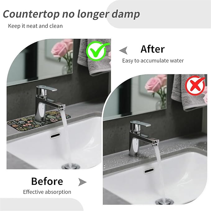Kitchen Sink Splash Guard，Plants flowers and trees Faucet Mat Sink Gadgets-Super Absorbent Fast Drying Mat Drip Catcher for Kitchen, Bathroom,Sink Mat, Dish Drying Mat, Bathroom(15" X 5.5" )